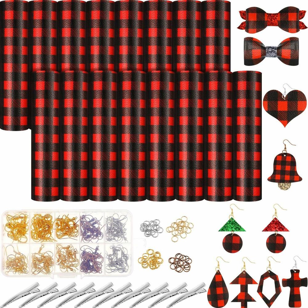 16-Piece Red Black Plaid Faux Leather Sheets with 140 Pieces Earring Hooks